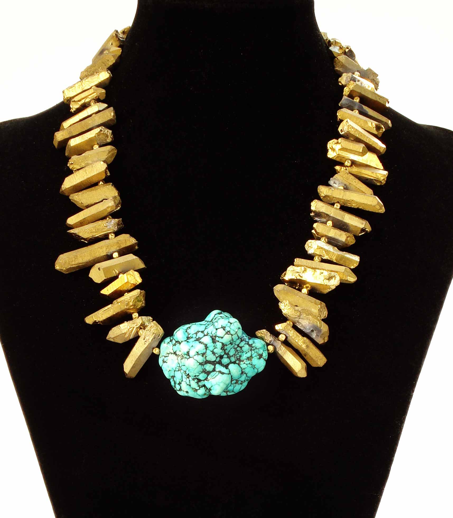 Turquoise Large Nugget And Gold Titanium Quartz Batton Necklace