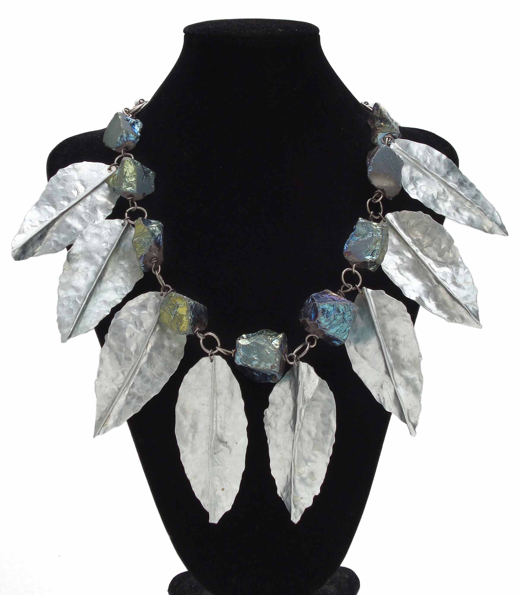 Hammered Silver Leaves And Rainbow Titanium Quartz Nuggets Necklace