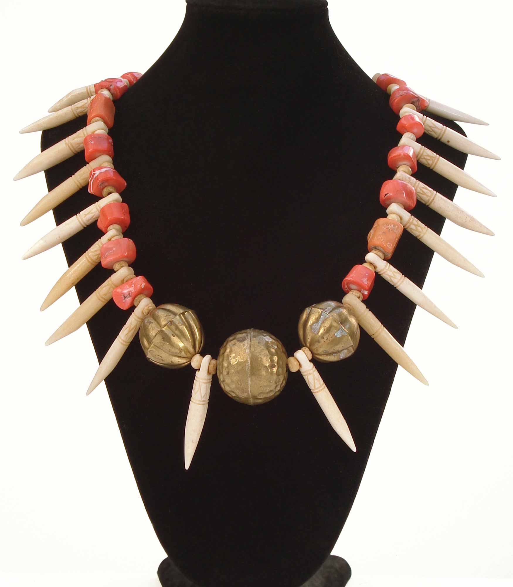 Pink Coral, Carved Natural Bone And Vintage Indian Brass Large Beads Necklace