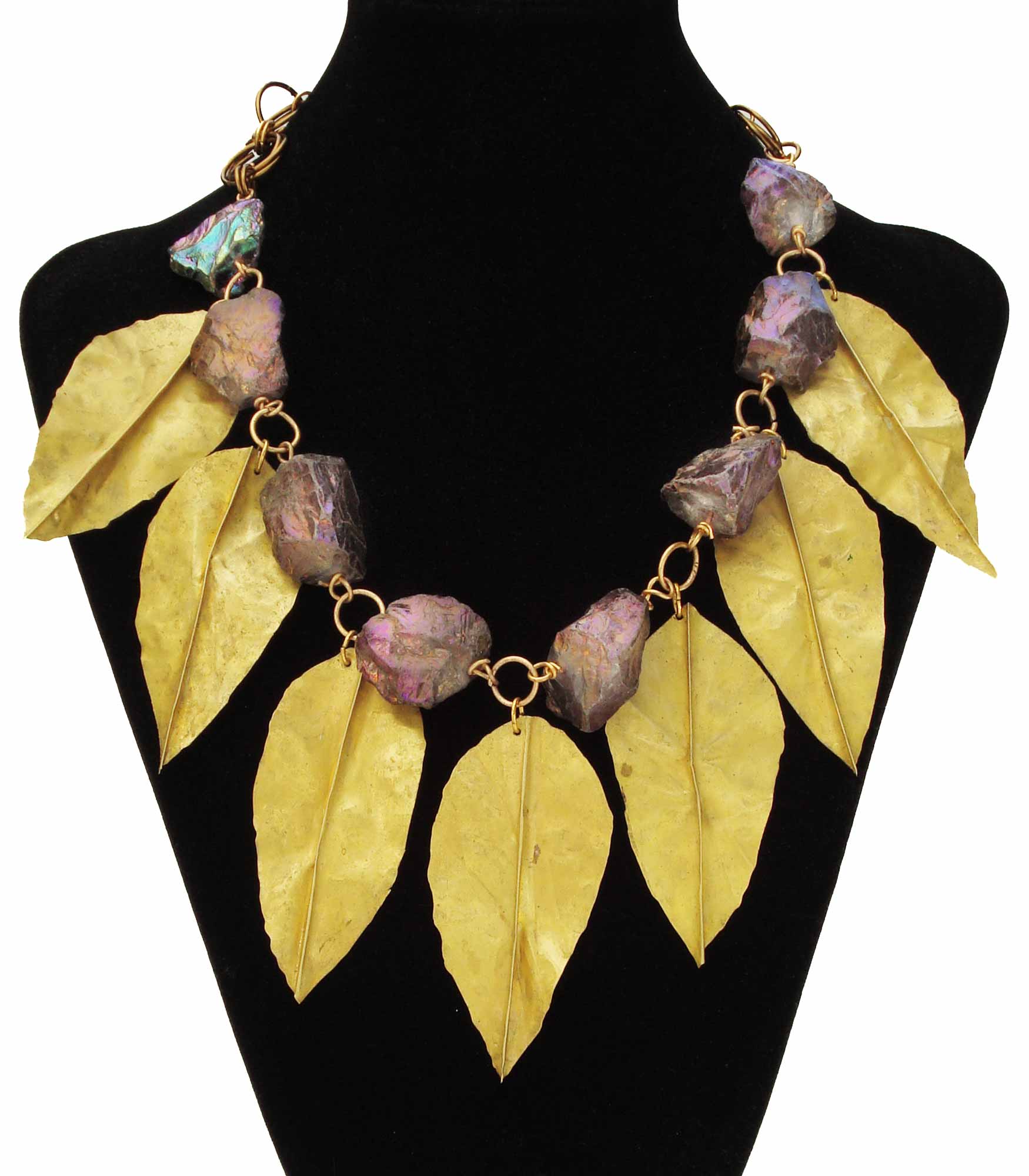 Burnished Brass Leaves And Purple Titanium Quartz Nuggets Necklace
