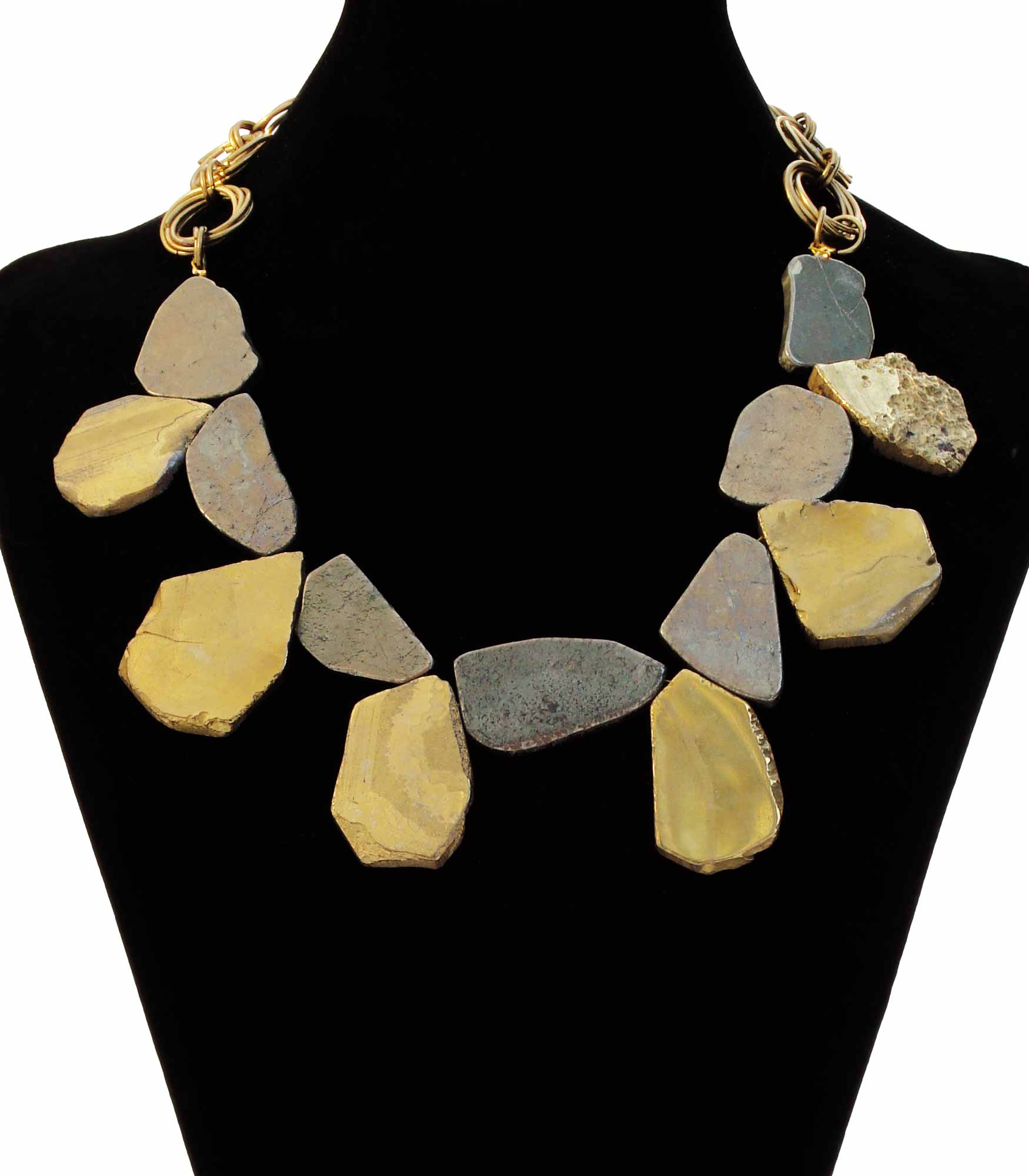 Gold Titanium Quartz Irregular Tiles And Polished Lava Irregular Tiles Necklace
