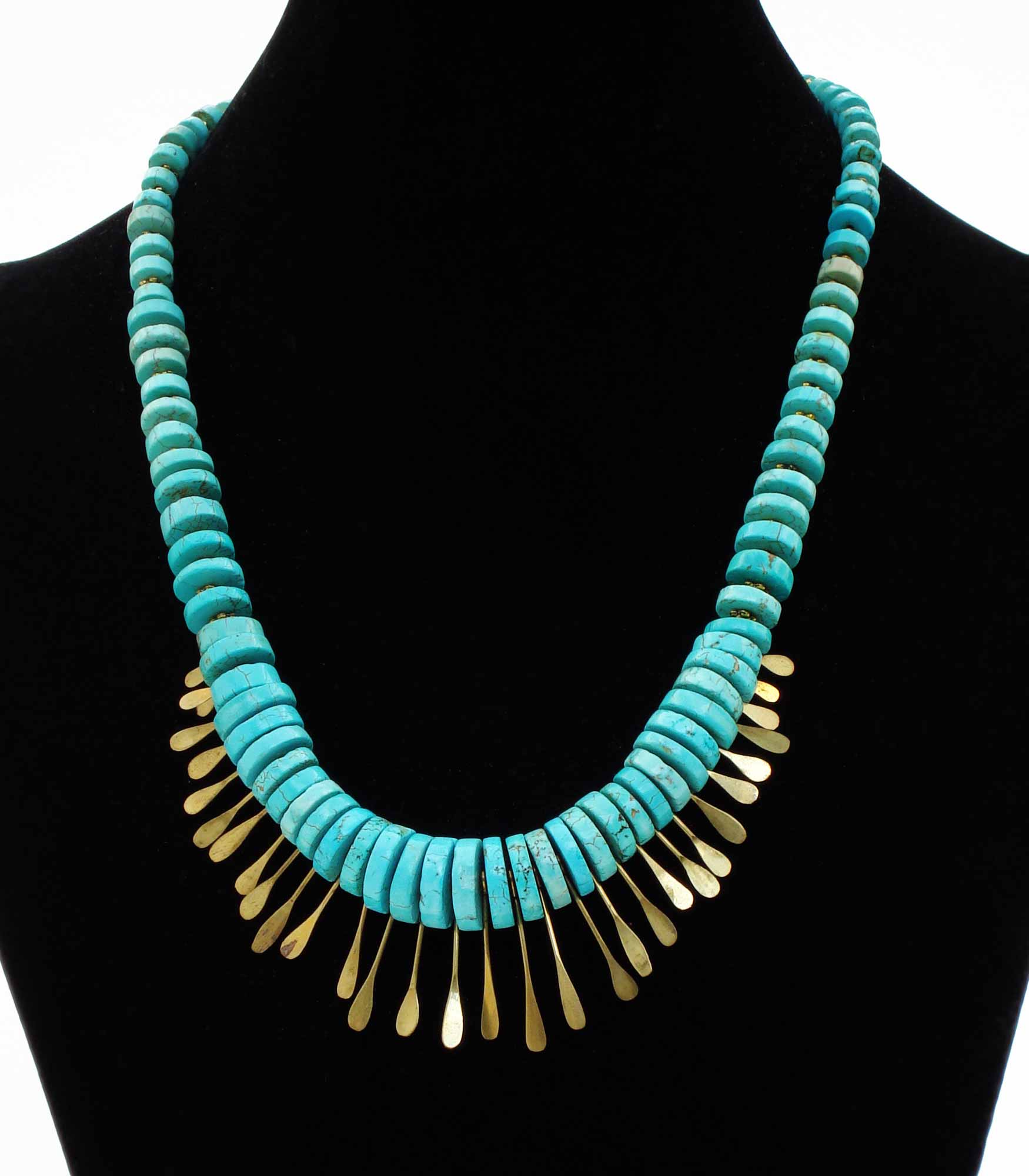 Graduated Turquoise Heishi Beads And Graduated Brass Points Necklace