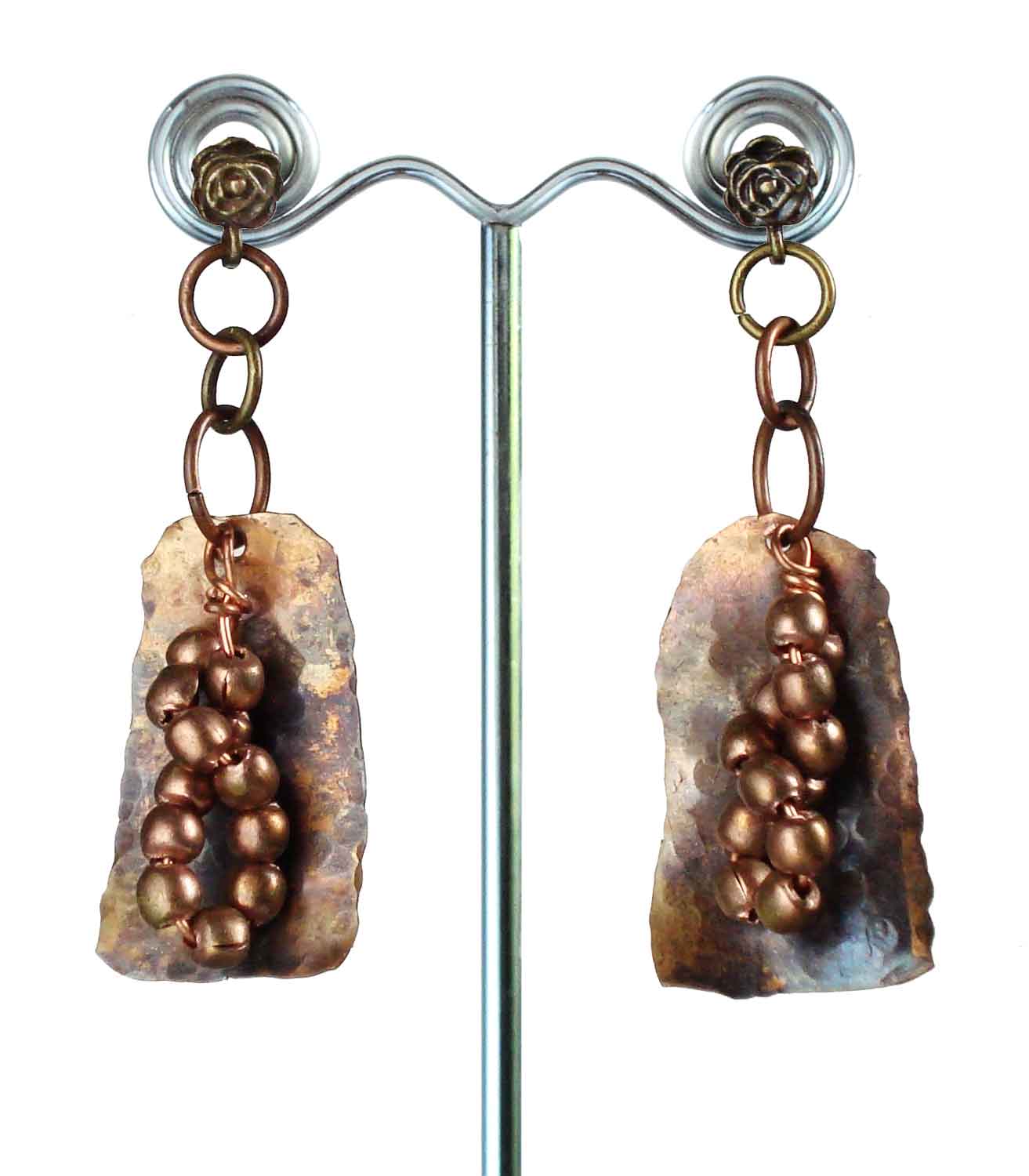 Flame Patinated Copper Shield And Copper Beads Earrings