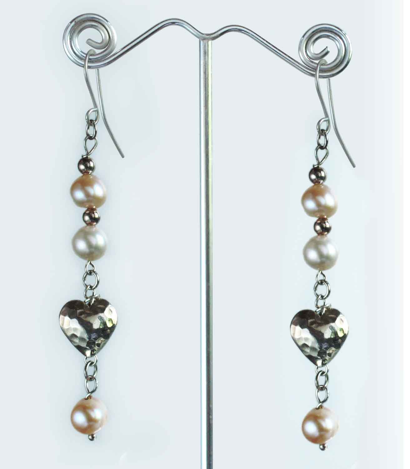 Sterling Silver Heart and Freshwater Pearl Drop Earrings
