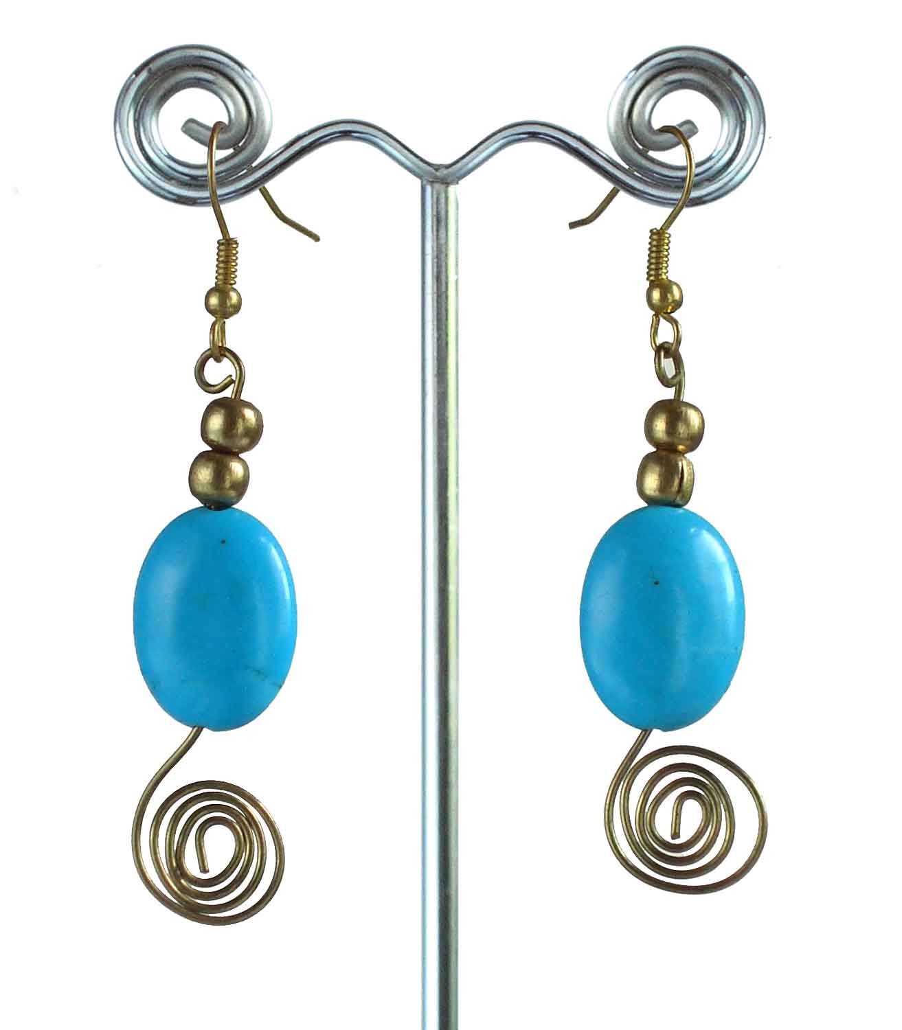Turquoise Gemstone, Brass Bead And Brass Spiral Earrings