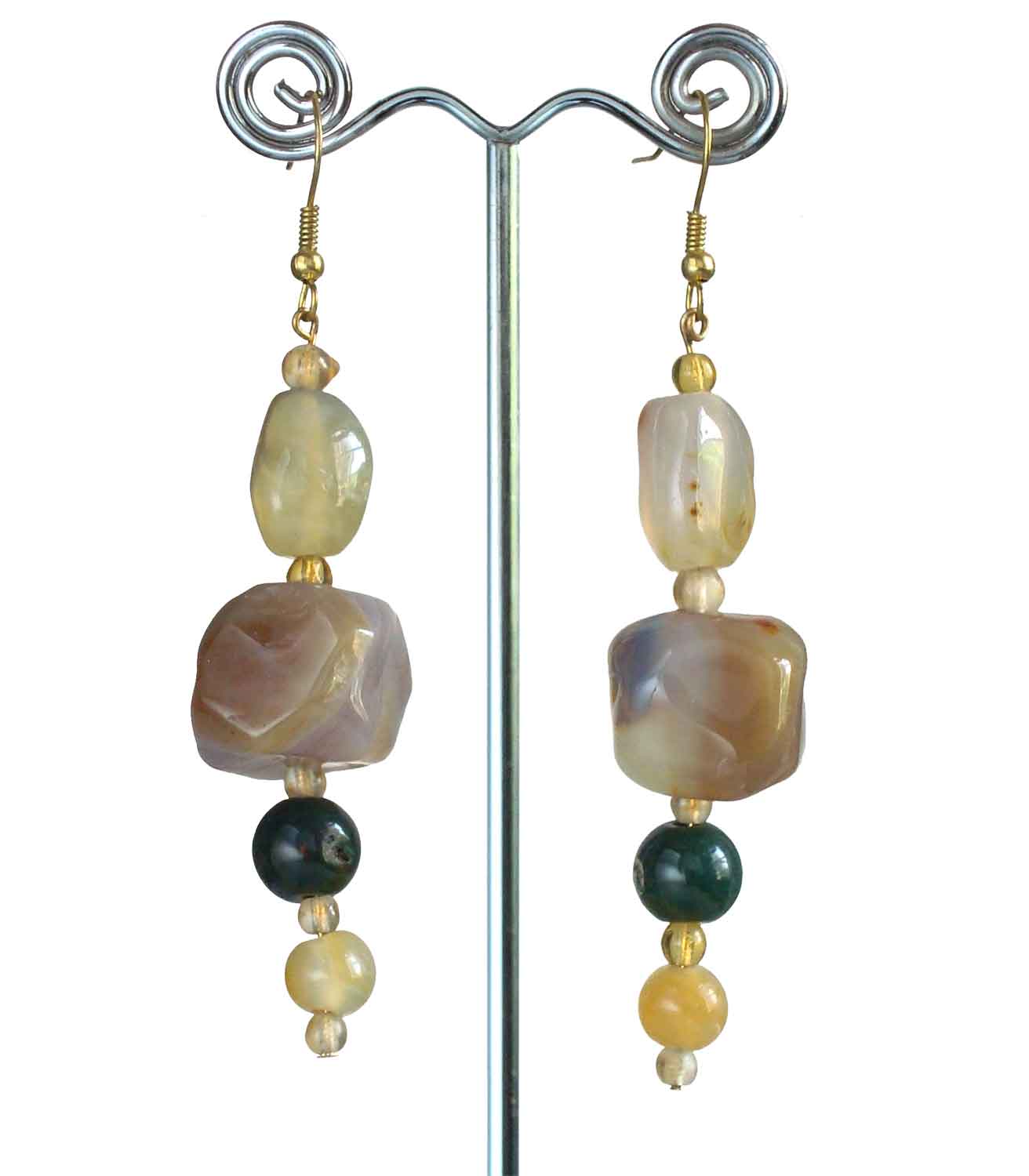Jade, Onyx And Quartz Earrings