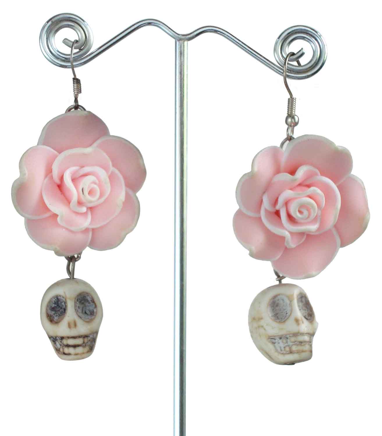 Ceramic Rose And Bone Skull Earrings