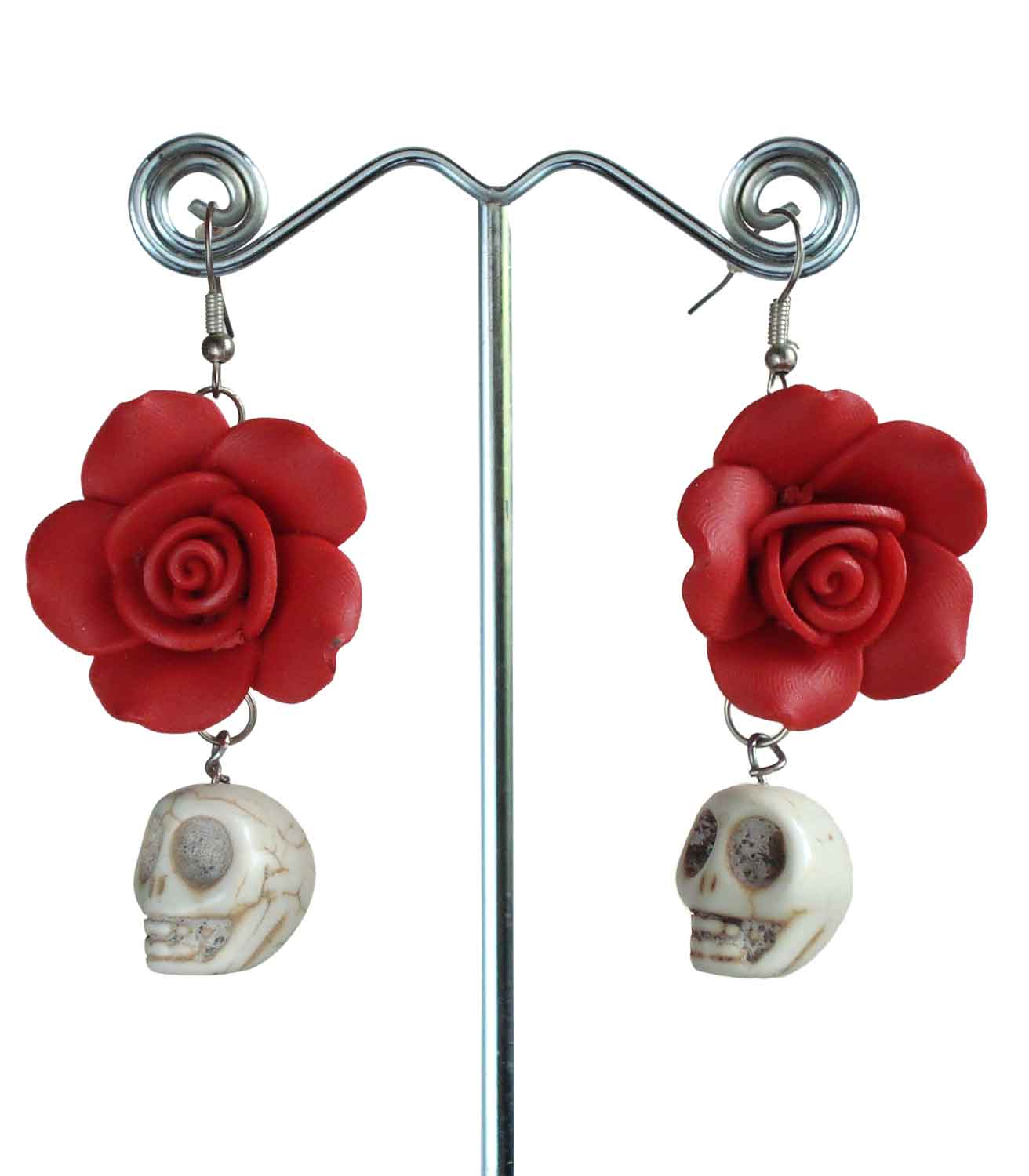 Red Ceramic Rose And Bone Skull Earrings