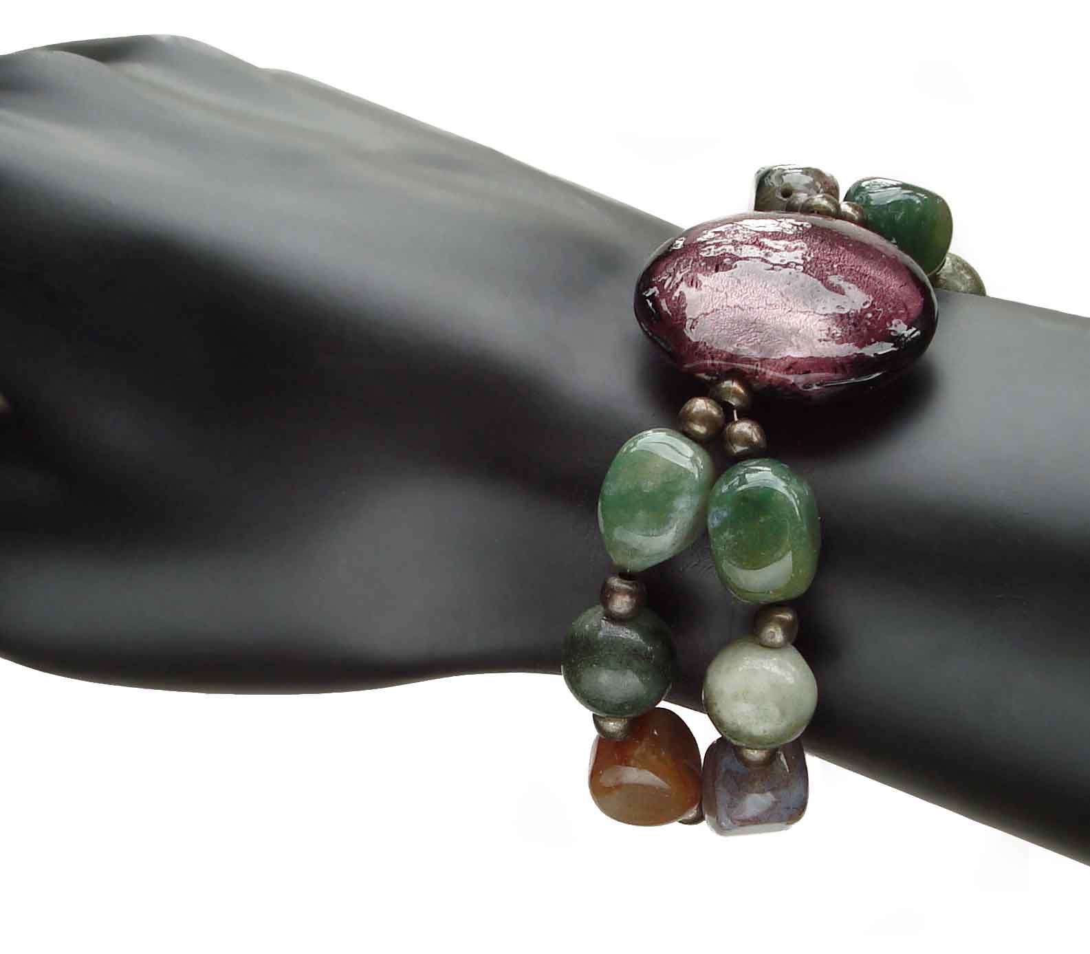 Foiled Glass, Green Garnet And Green Jade Bracelet