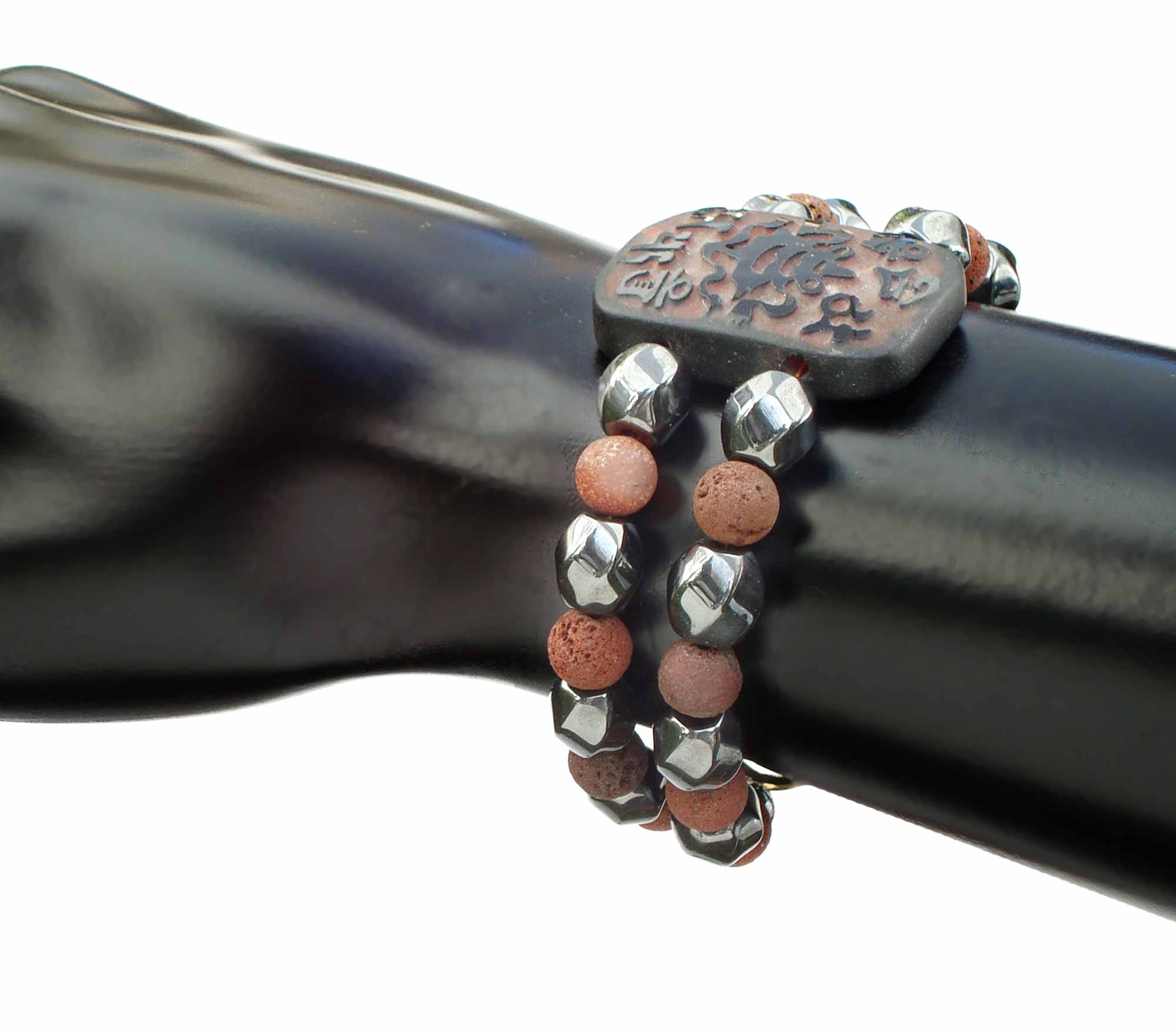 Black Onyx Engraved Tablet, Lava Bead And Onyx Faceted Bead Bracelet