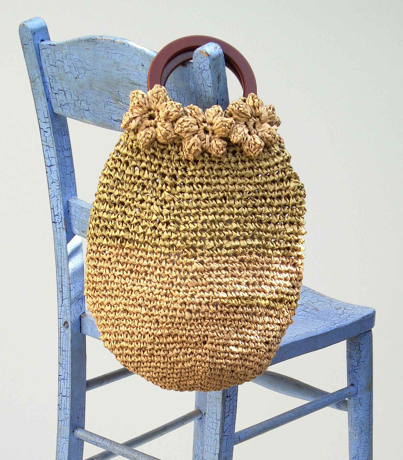 Green and Beige Raffia Crocheted Cocoon HandBag