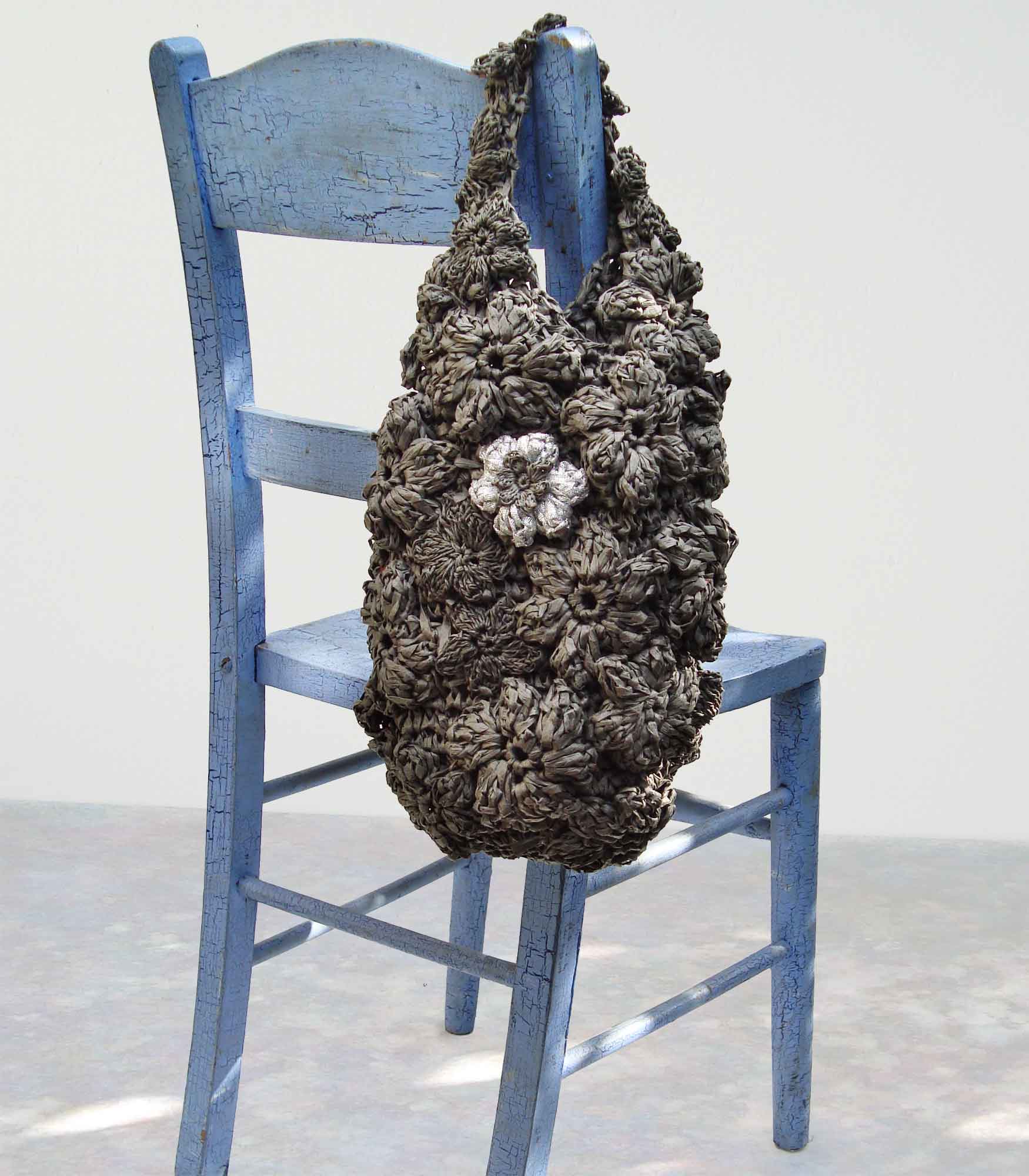 Grey Raffia Crochet Cocoon Tote Bag
